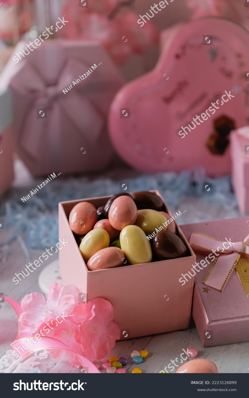 November 4, 2022. Selangor, Malaysia. Assorted almond chocolate beryls in the gift box. #2223126899