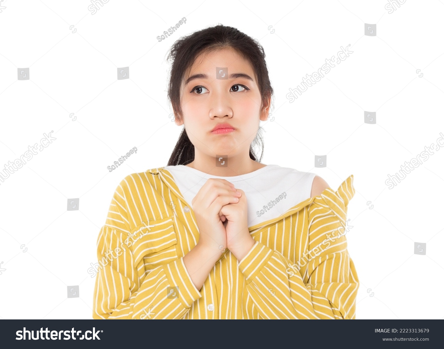 asian teenage girls showing expresion expectation, thinking, disappointed on white background #2223313679
