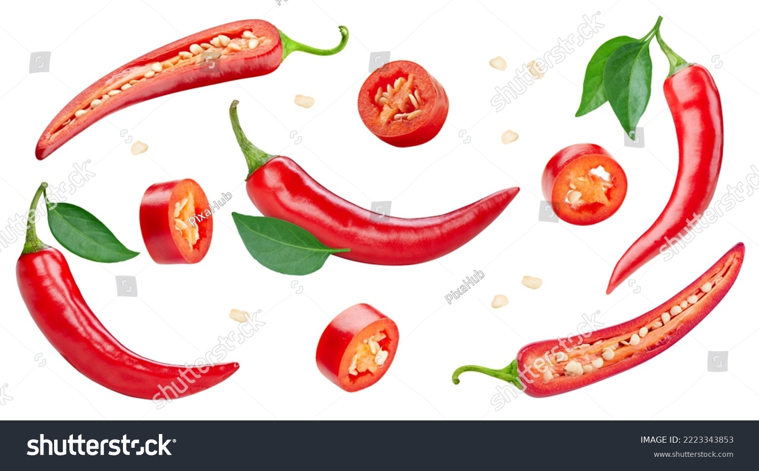 Red hot chili pepper. Fresh organic chili pepper with leaves isolated on white background. Chili pepper with clipping path #2223343853