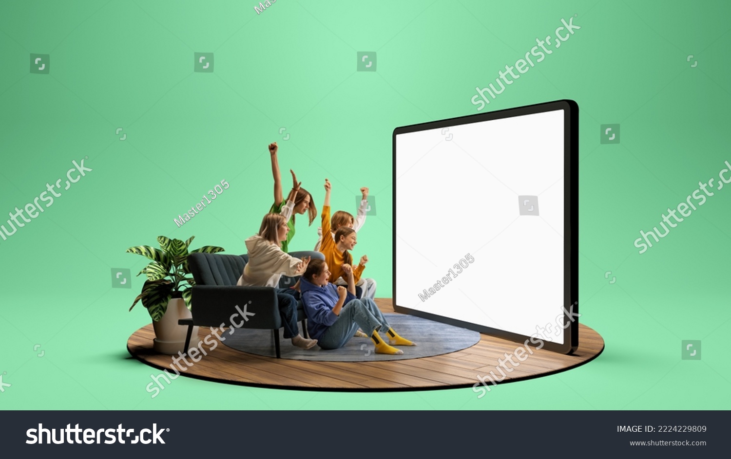 Group of young friends watching football match, sport show or movie together. Excited girls and boys sitting in front of huge 3D model of empty tv screen at home interior. Emotions, sport, sales #2224229809