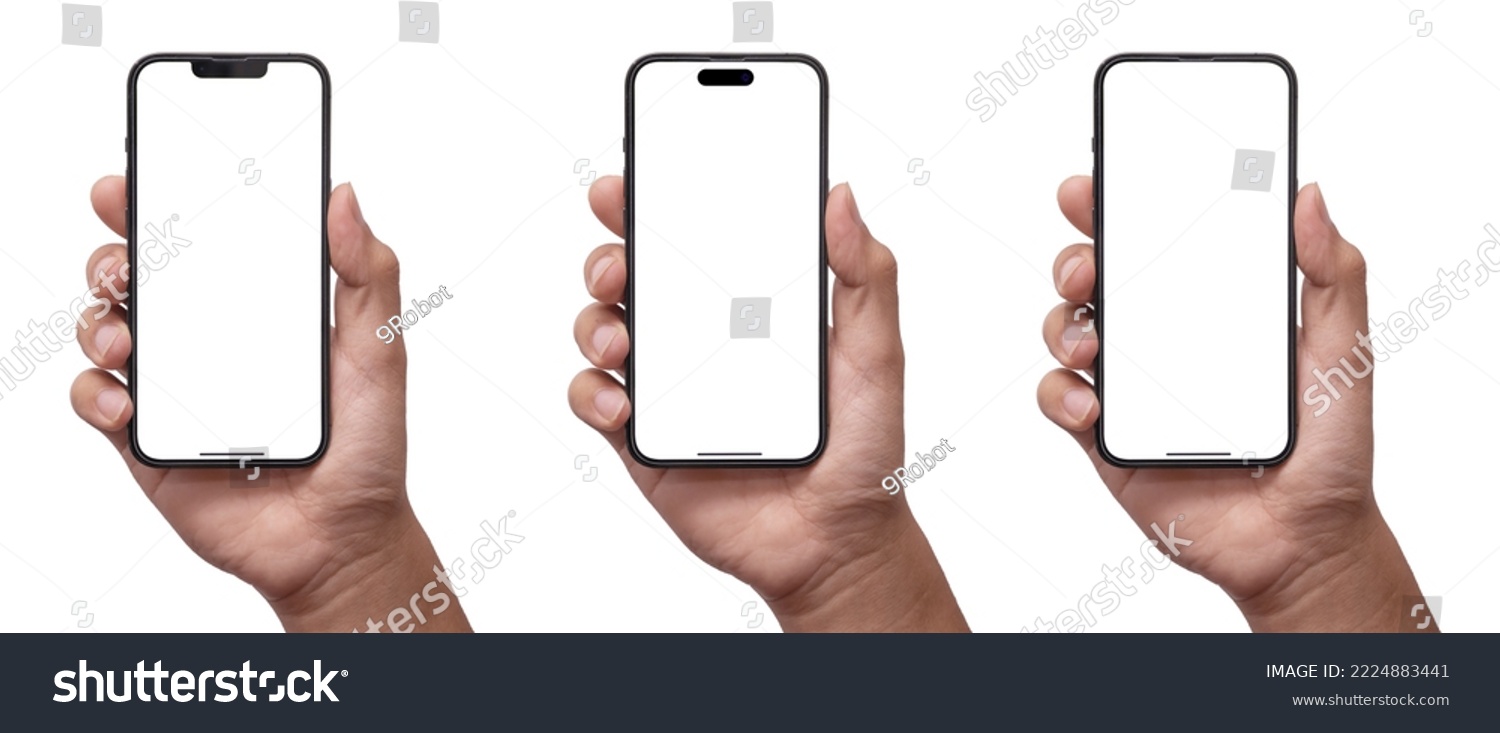 Hand holding smart phone Mockup  and screen Transparent and Clipping Path isolated for Infographic Business web site design app #2224883441