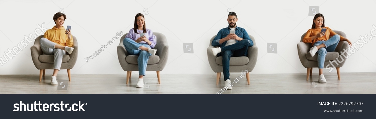 Online Communication. Smiling Multiethnic People Using Smartphones While Relaxing In Armchair At Home, Diverse Men And Women Browsing Internet On Mobile Phones, Enjoying Modern Technology, Collage #2226792707