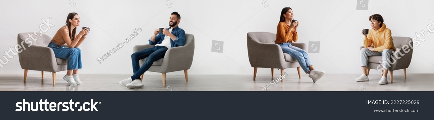 Happy Young Men And Women Relaxing In Armchair With Cup Of Coffee, Group Of Smiling Multiethnic Males And Females Sitting In Chair And Having Hot Drink, Enjoying Home Leisure, Collage #2227225029