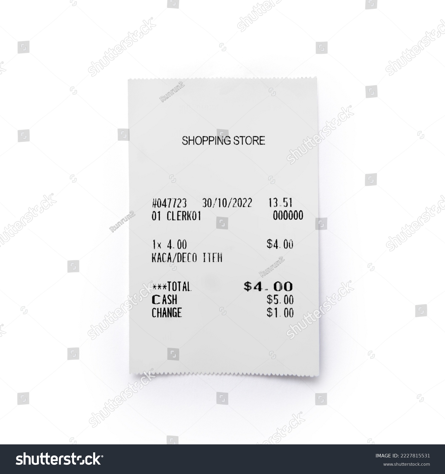 Paper printed sales shop receipt isolated on white background #2227815531
