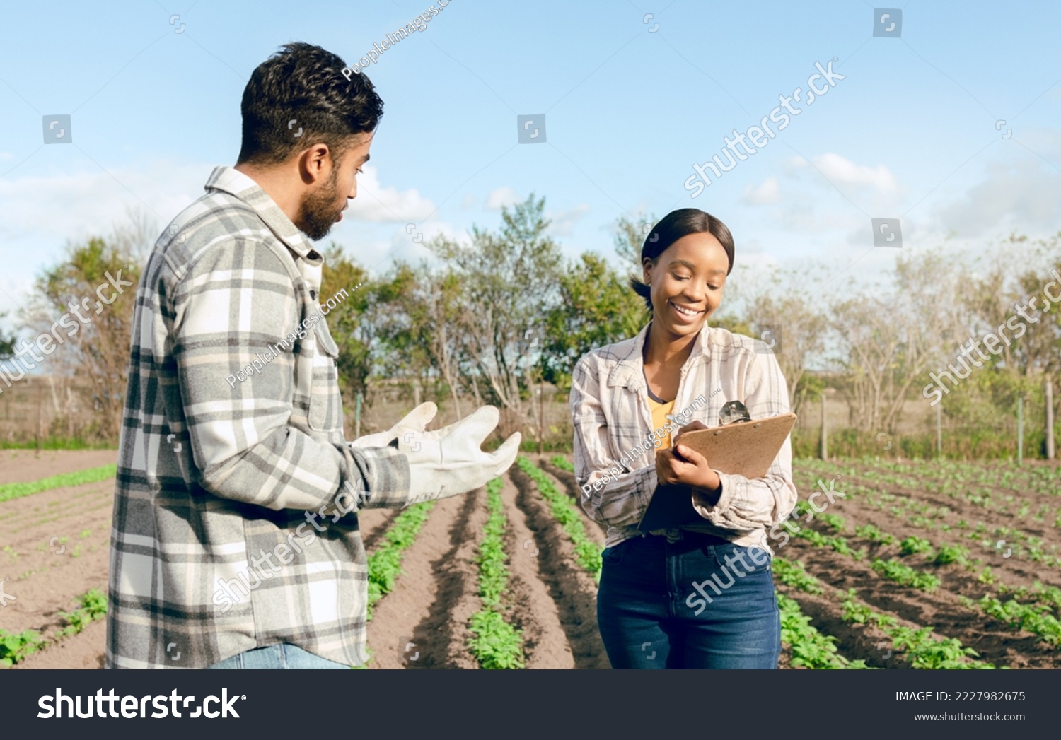 Farm, farmer and woman with clipboard for agriculture, sustainability and organic produce inspection. Farming, small business and health inspector writing health, wheat and agreement check on field #2227982675