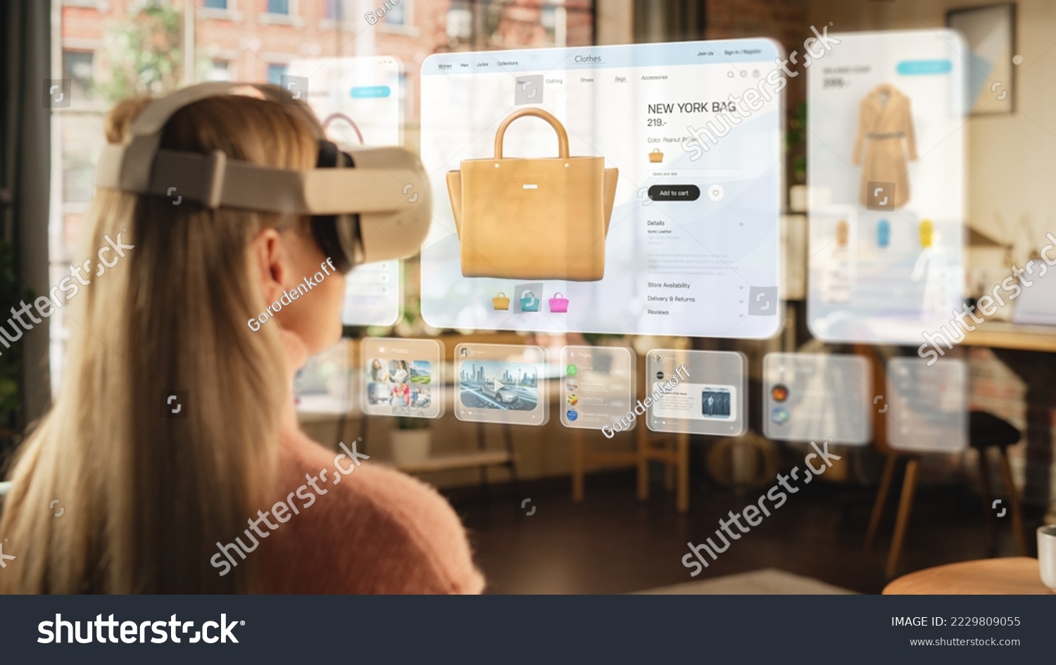 Metaverse Futuristic Concept: Woman Using Virtual Reality Headset to Shop Online from Home while Sitting in Stylish Cozy Living Room. Over the Shoulder Footage of a Female Shopper Choosing a Bag #2229809055