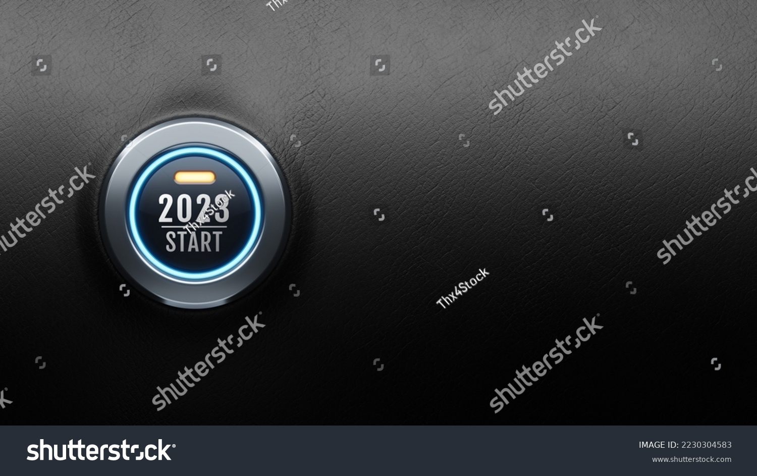 Start engine car button on black leather, happy new year 2023 start new project, 3D rendering. #2230304583