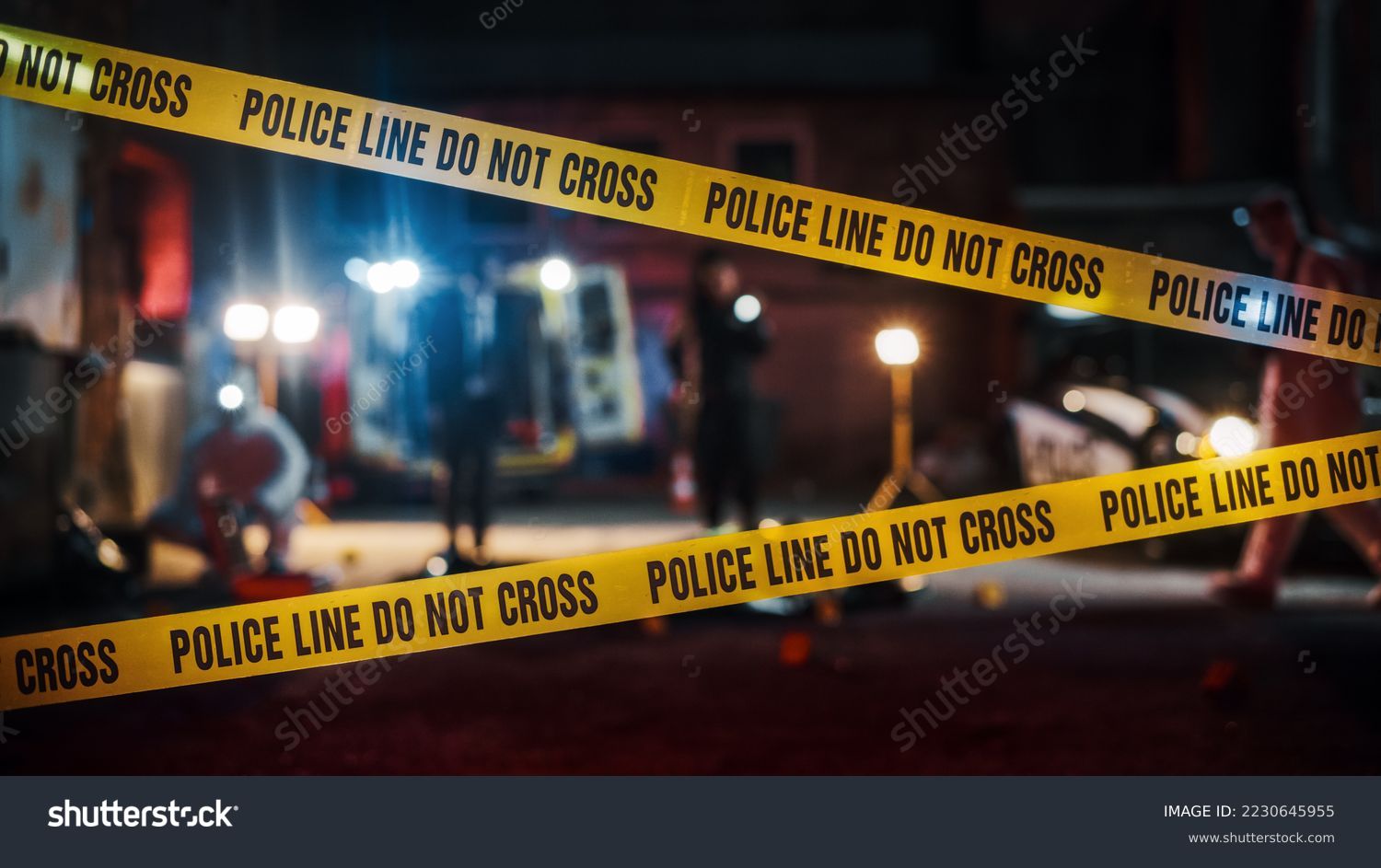 Crime Scene at Night: Crime Scene Investigation Team Working on a Murder. Female Police Officer Briefing Detective on the Victim's Body. Forensics and Paramedics Working. Cinematic Shot #2230645955
