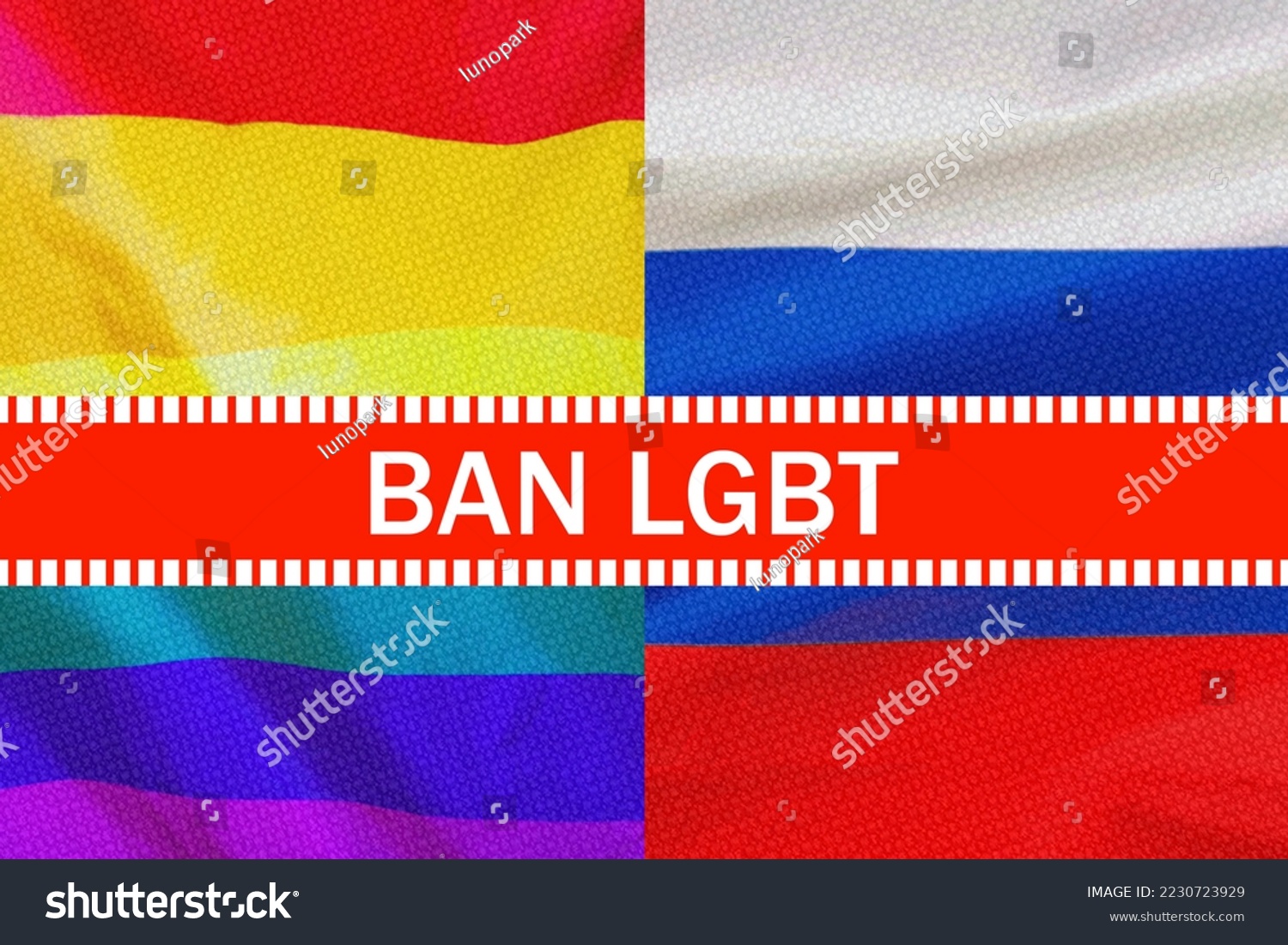 Text of Ban LGBT on LGBT and Russia flag background. Prohibition of LGBT propaganda in Russia. Ban on LGBT people #2230723929