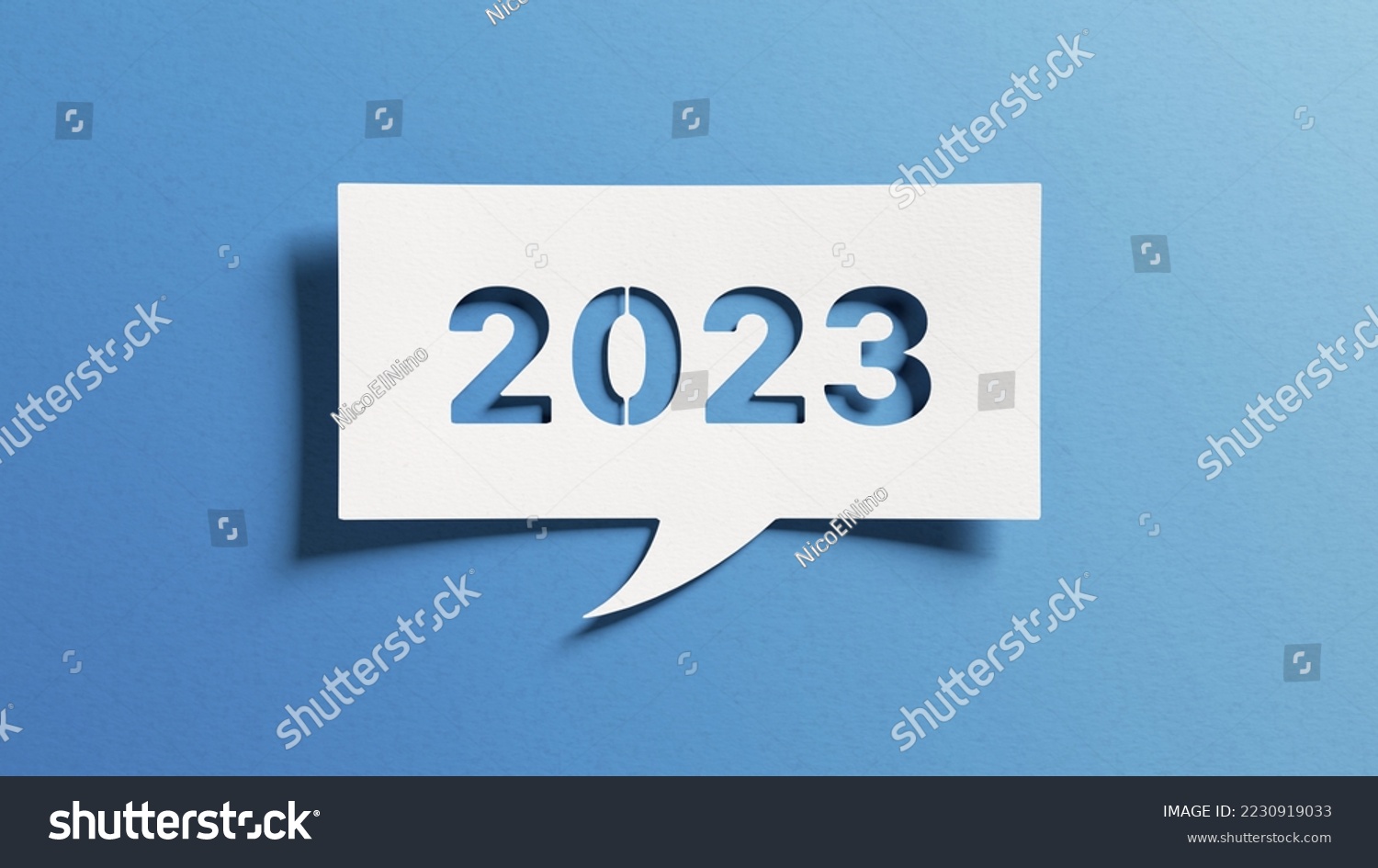 2023 happy new year greeting card. Clean minimalist design with cut out paper on blue background. Business and corporate banner. Serenity, ecology, elegance. #2230919033