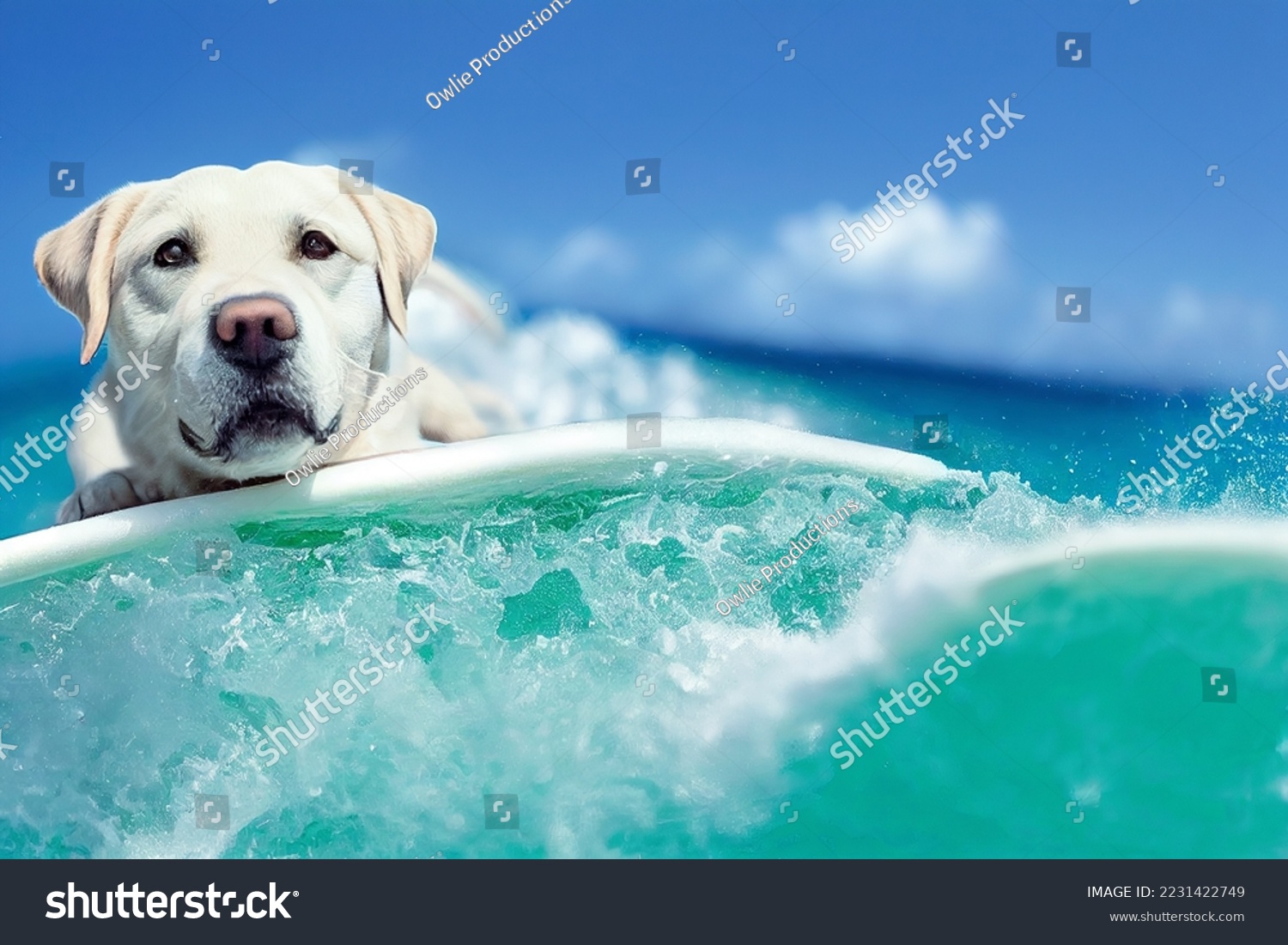 Spectacular labrador lying on surfboard, wave with teal sea water splash on surfing board with background clear sky summertime at ocean shore. Dog surfing on the beach. #2231422749