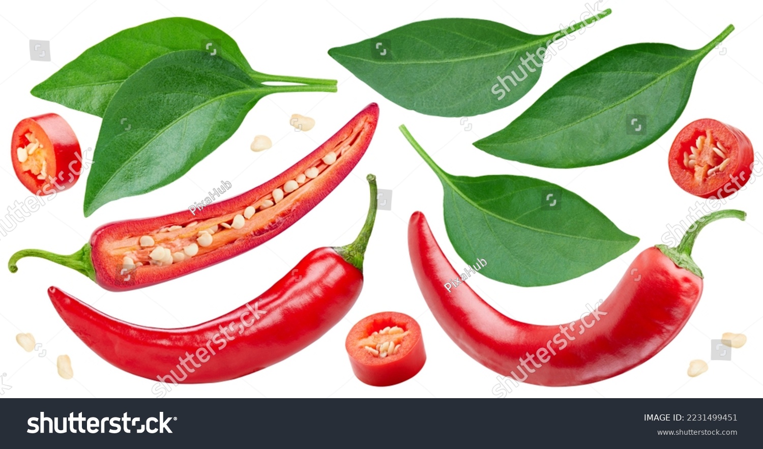 Collection chili pepper with leaves. Red hot chili pepper isolated on white background. Hot pepper fruit clipping path. Chili macro studio photo #2231499451