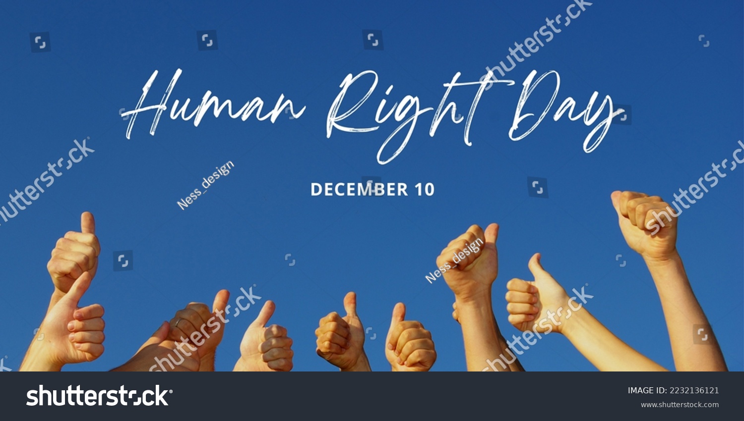 International human rights day concept: group of people, hands in the air, cheerful gesture or celebration for global human rights day. December 10. #2232136121