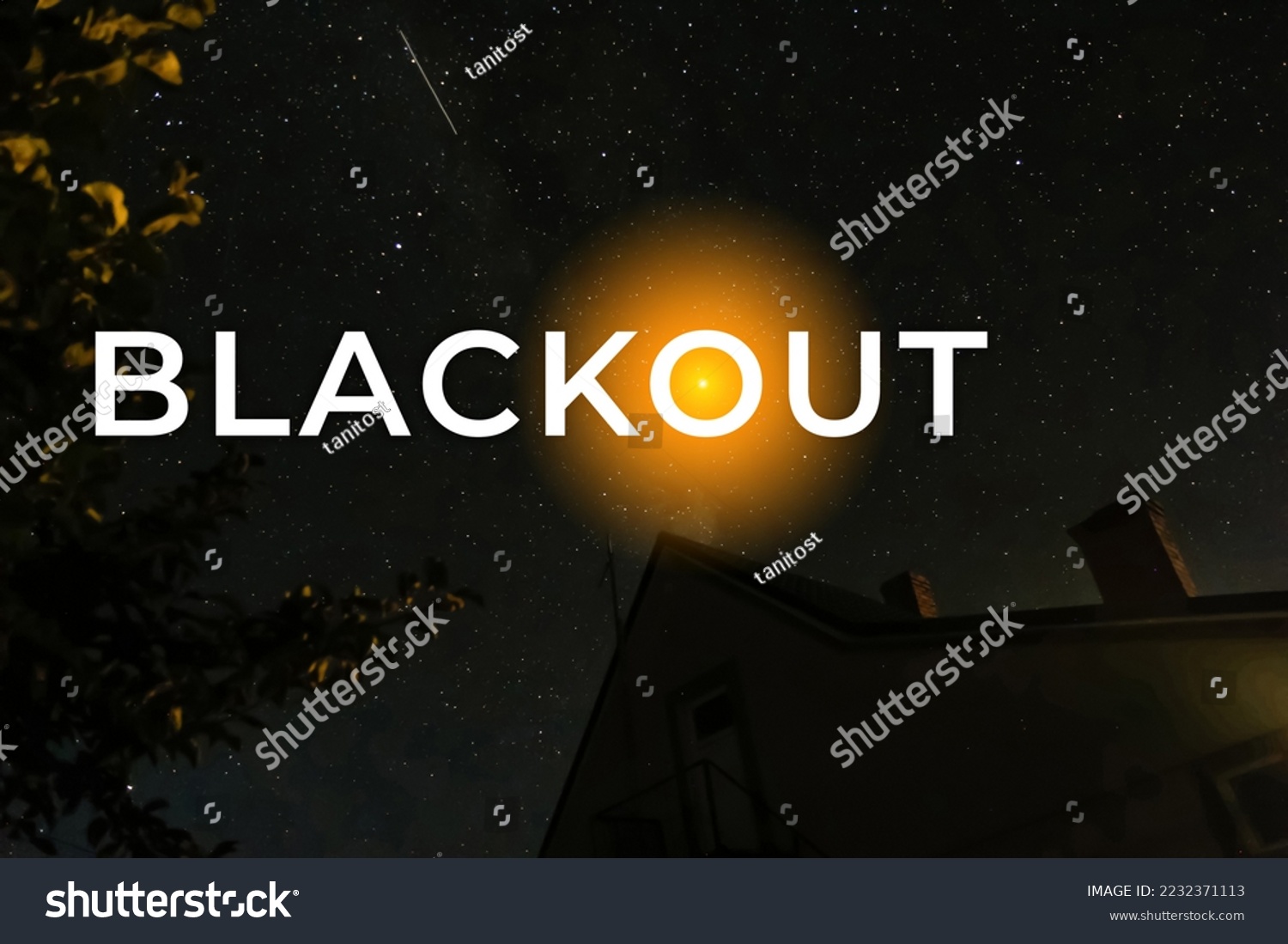 Blackout – power grid overloaded. Blackout concept. Earth hour. Burning flame candle and power lines on background. Energy crisis. Dark starry night.  #2232371113
