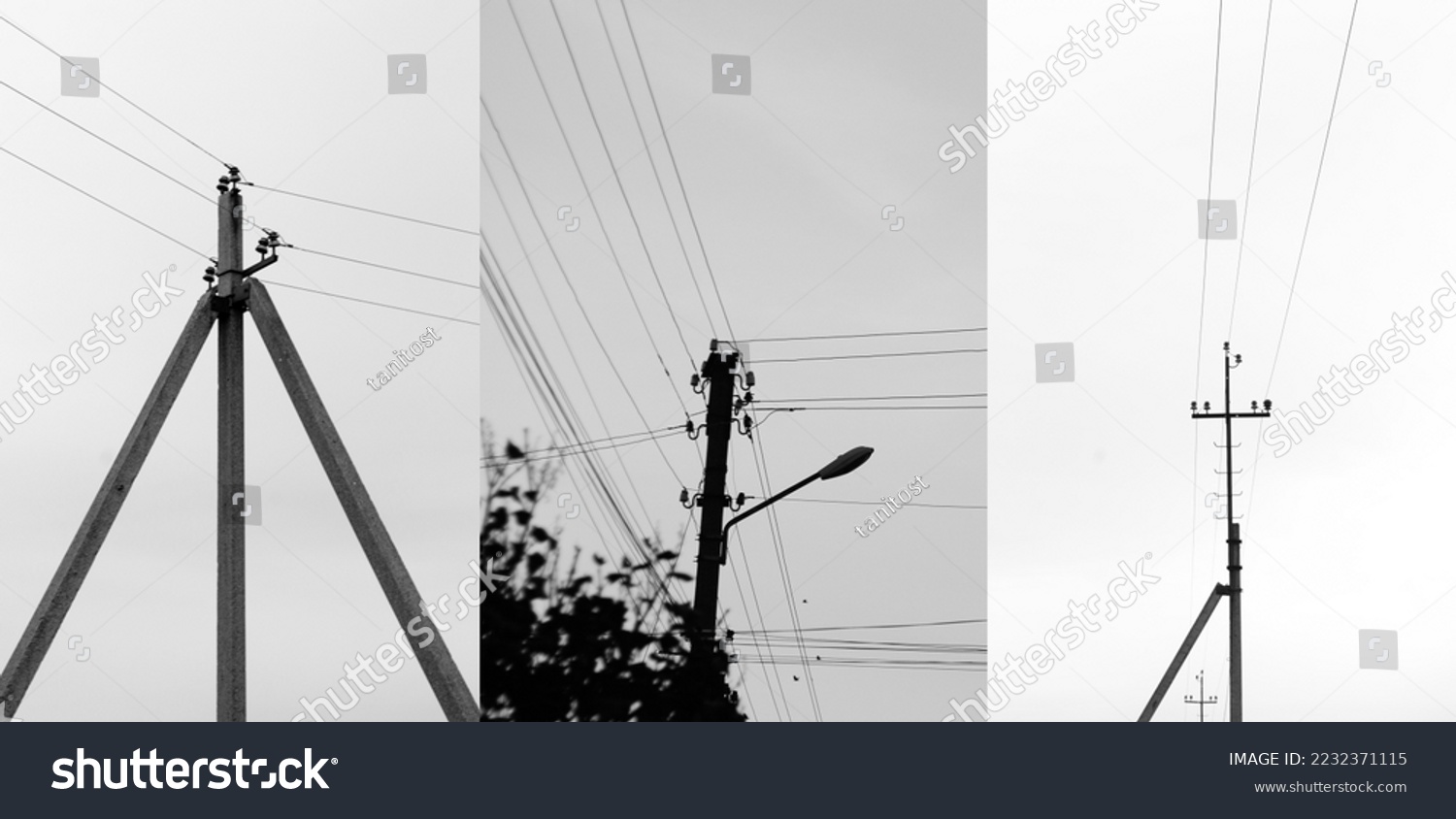 Blackout – power grid overloaded. Blackout concept. Earth hour. Burning flame candle and power lines on background. Energy crisis. Banner design black and white. #2232371115