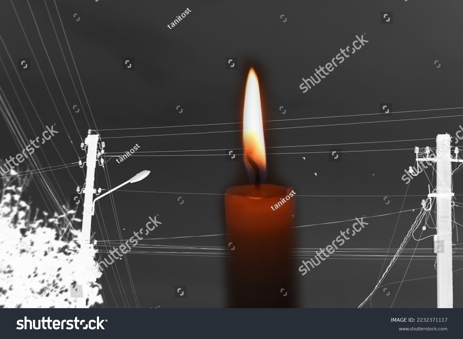 Blackout – power grid overloaded. Blackout concept. Earth hour. Burning flame candle and power lines on background. Energy crisis. Dark night. Candle flame. Voltage equipment. #2232371117