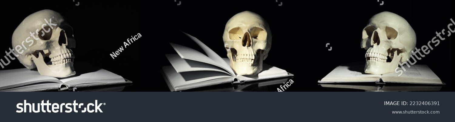 Set with human skulls and books on black background. Banner design #2232406391