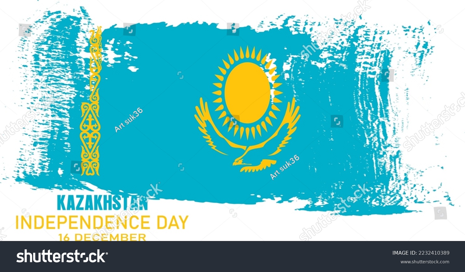 Happy Independence day of Kazakhstan. Watercolor brush stroke flag background.Creative national country flag with Abstract watercolor grunge brush flag. #2232410389