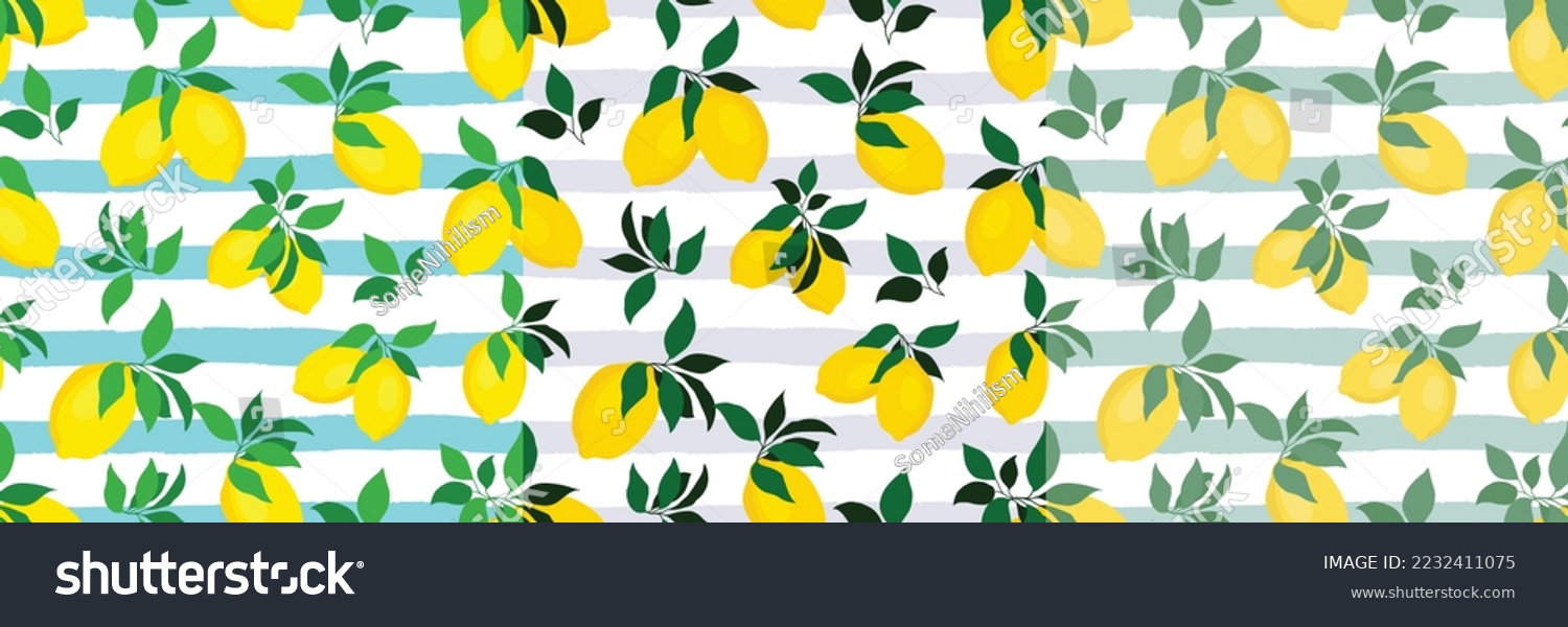 Lemon with green leaves seamless pattern Mediterranean citrus and stripes vector color variations hand drawn illustration table cloth style for print fabric textile paper wallpaper background web #2232411075