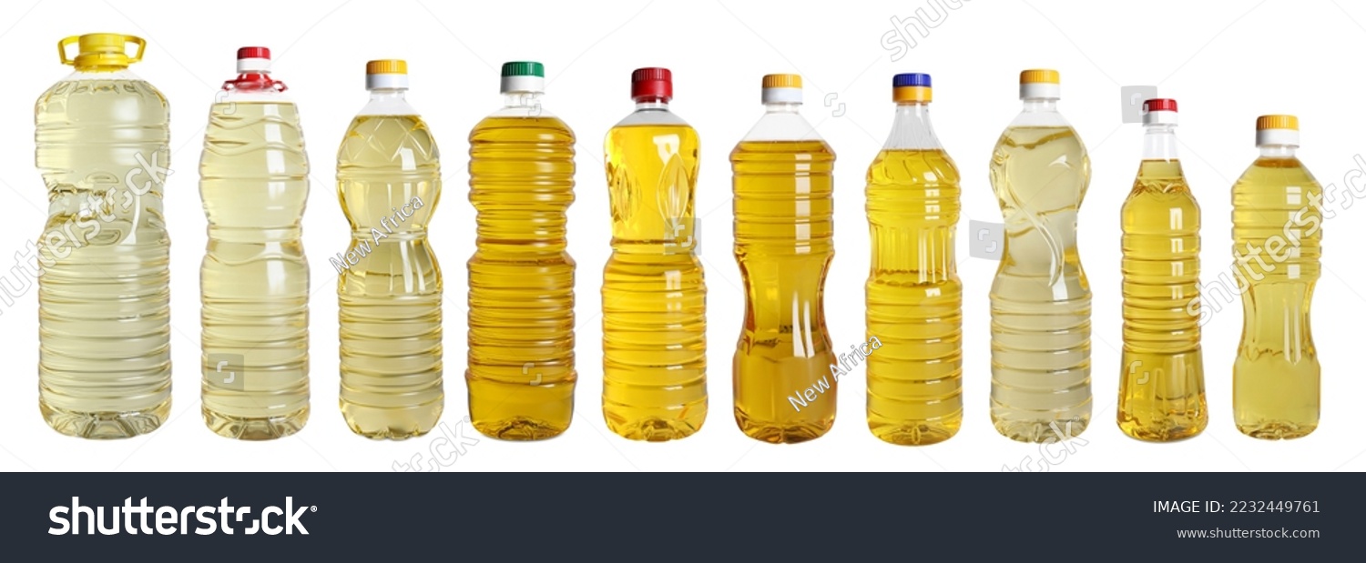 Set with different bottles of cooking oils on white background. Banner design #2232449761