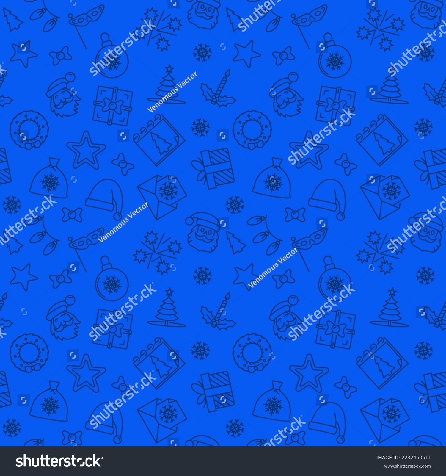 Xmas Holidays blue vector seamless pattern - Christmas and New Year concept thin line background #2232450511