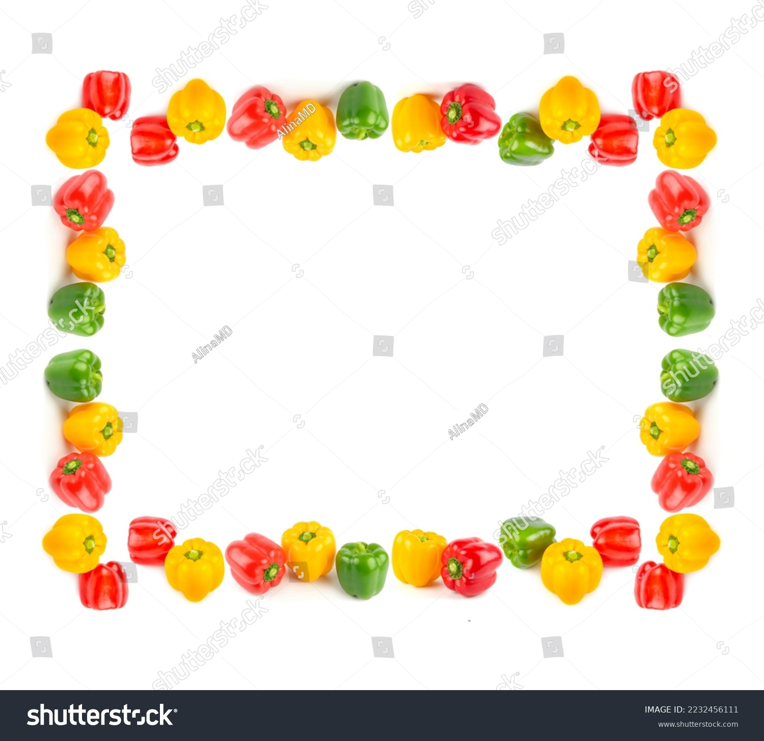 Set of sweet peppers isolated on white background. Collage. frame with empty space for text. #2232456111