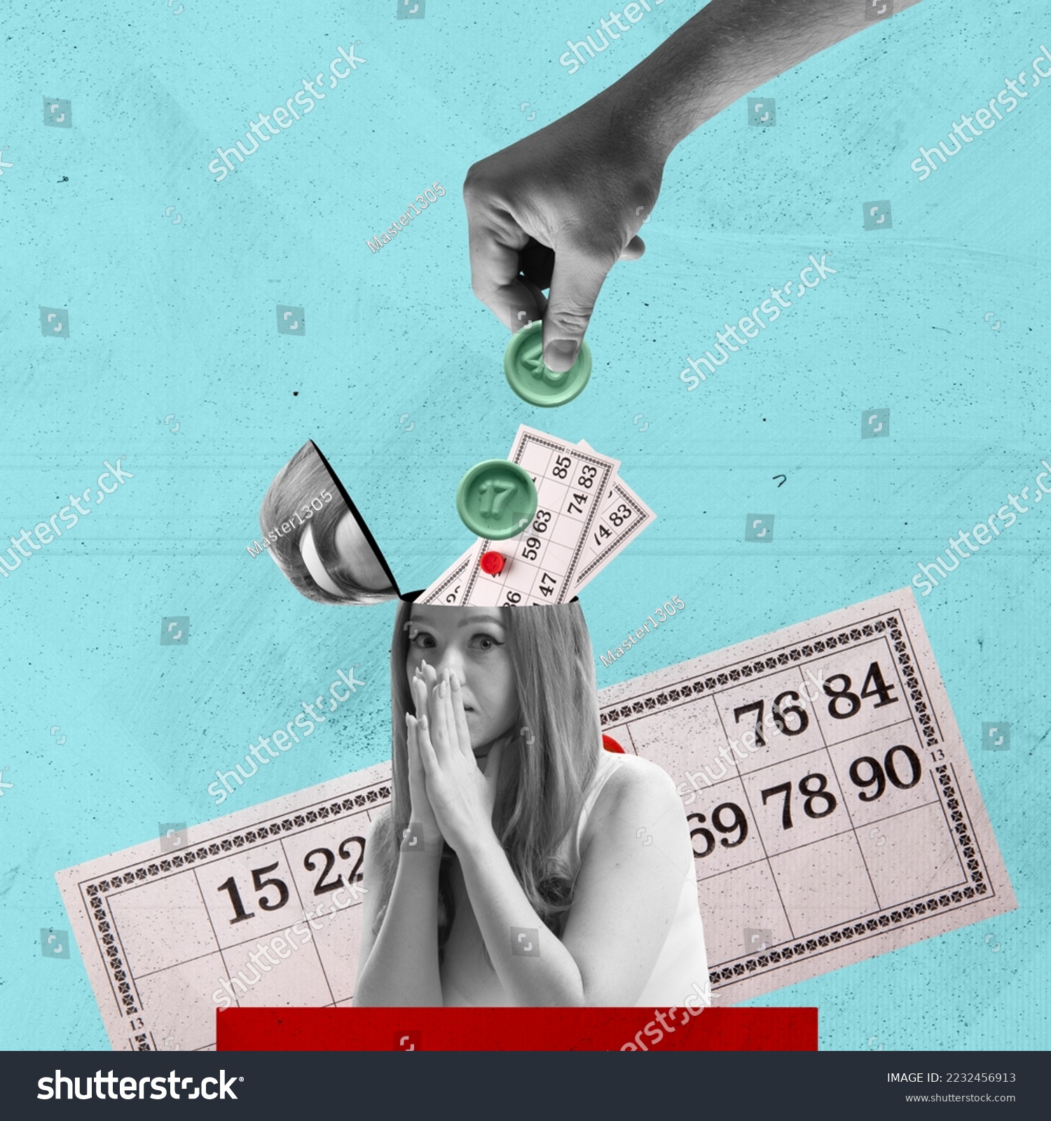 Contemporary art collage. Creative design. Young emotive woman playing lotto, bingo. Online gaming. Betting. Concept of game, hobby, leisure time, intellectual game strategy, creativity #2232456913