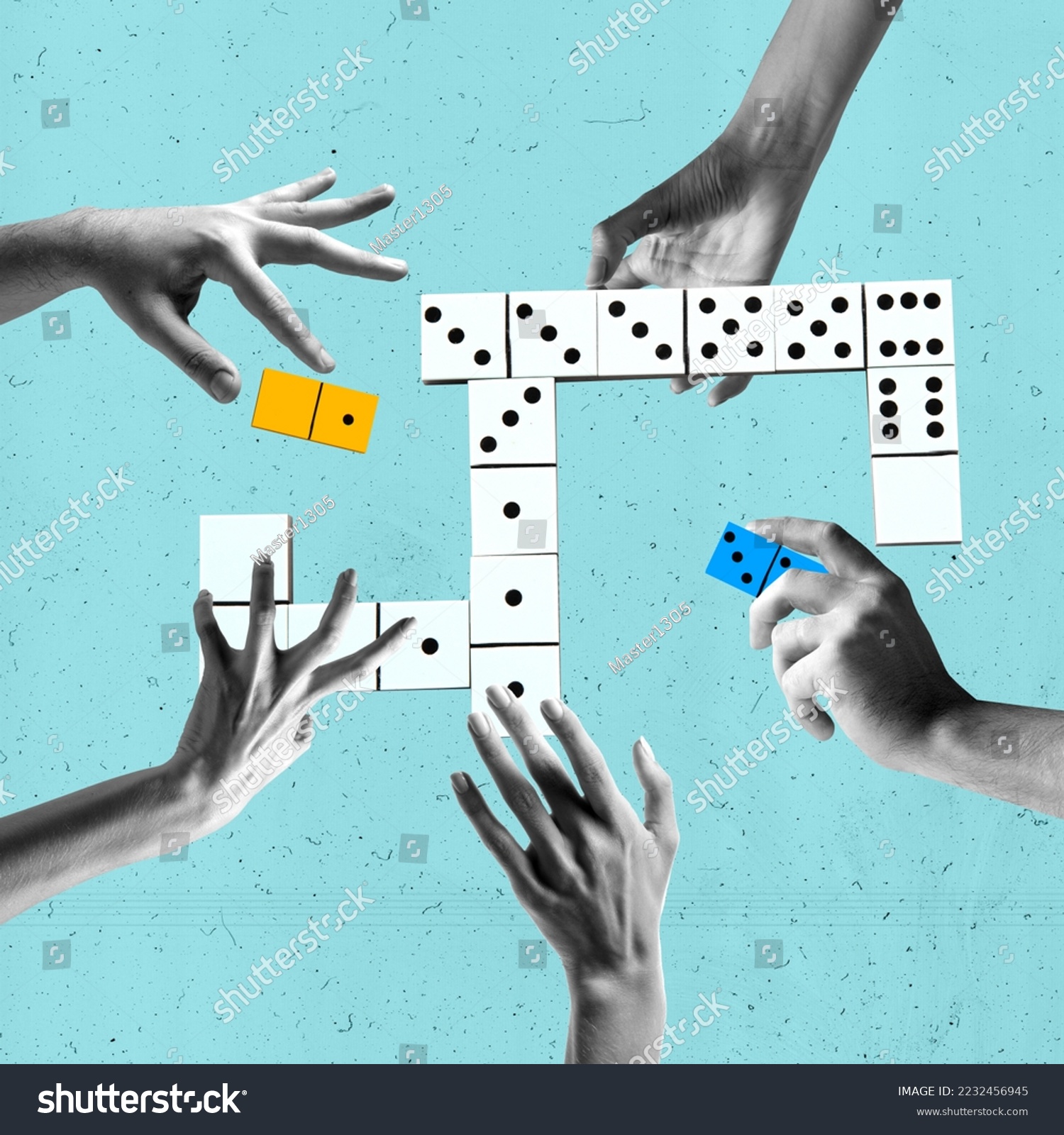 Contemporary art collage. Creative design. Human hands playing domino, making figure to win. Gaming, betting. Concept of game, hobby, leisure time, intellectual game strategy, creativity #2232456945
