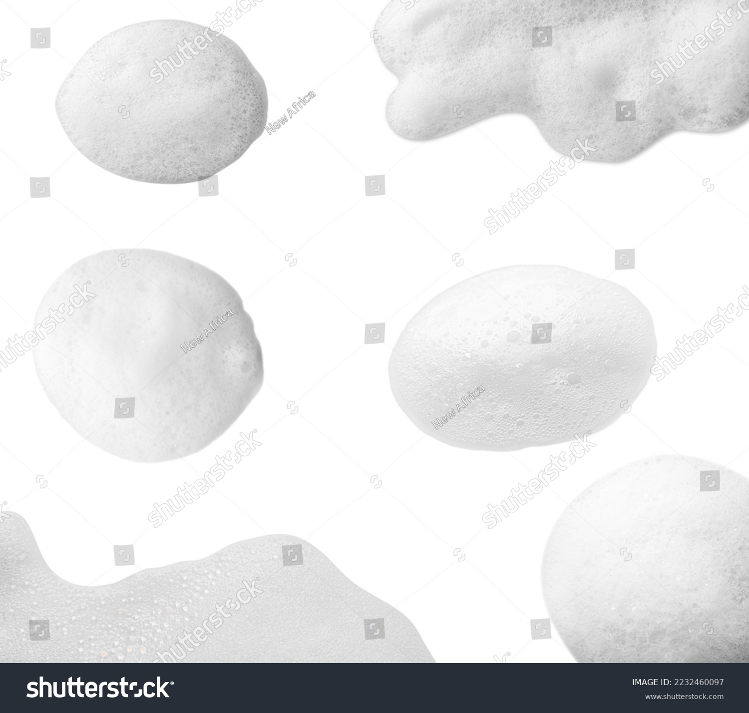 Set with drops of fluffy soap foam on white background, top view #2232460097