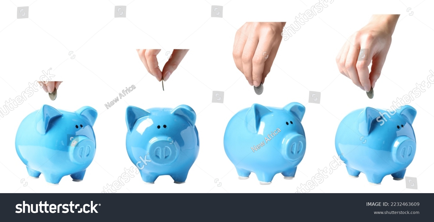 Collage with photos of women putting coins into light blue piggy banks on white background, closeup. Banner design #2232463609
