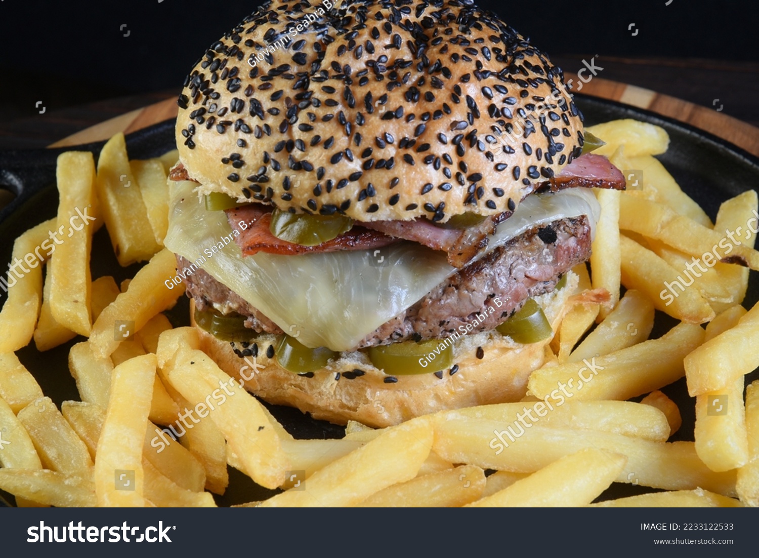 beef burger sandwich with french fries salad and cheese #2233122533