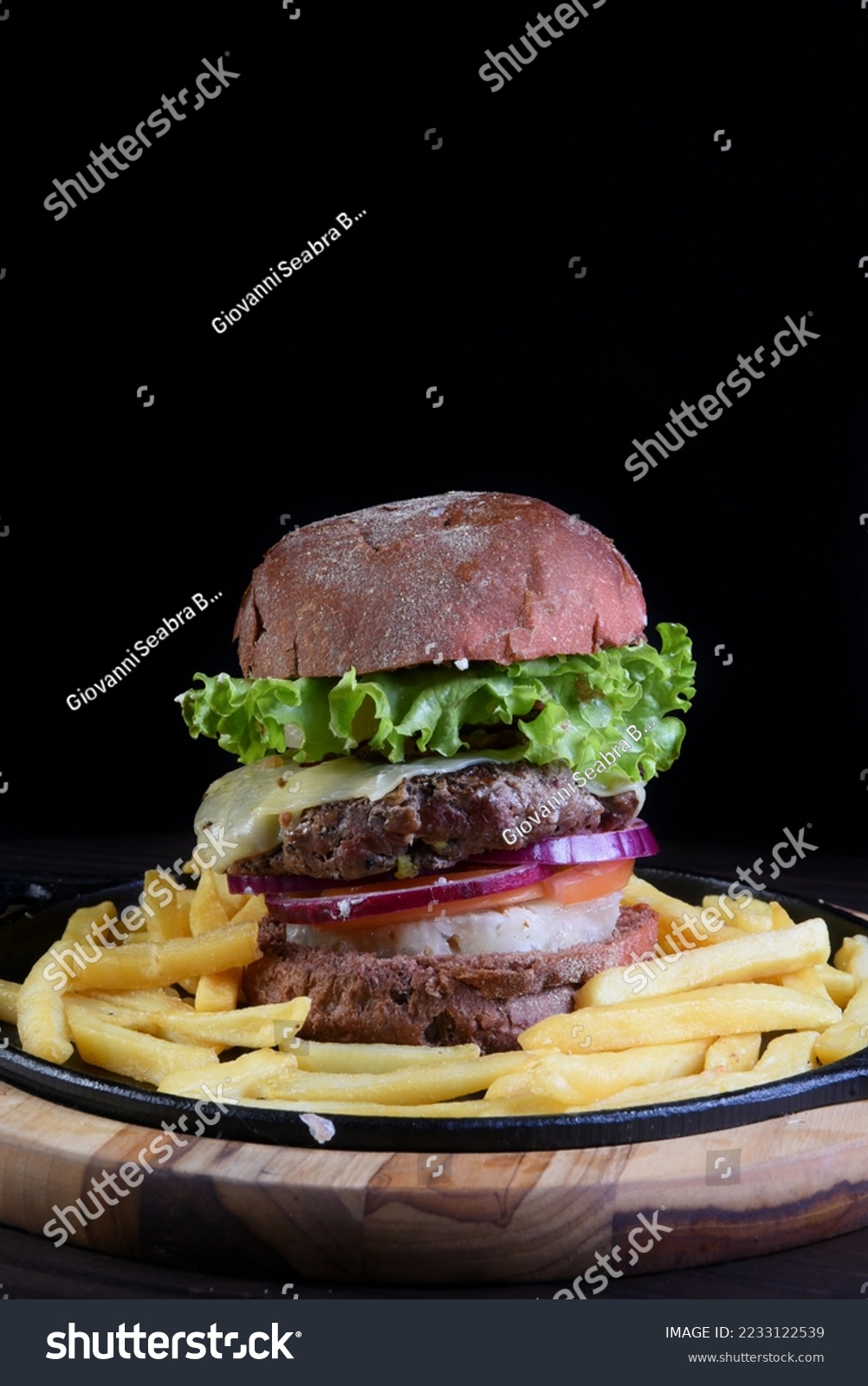 beef burger sandwich with french fries salad and cheese #2233122539
