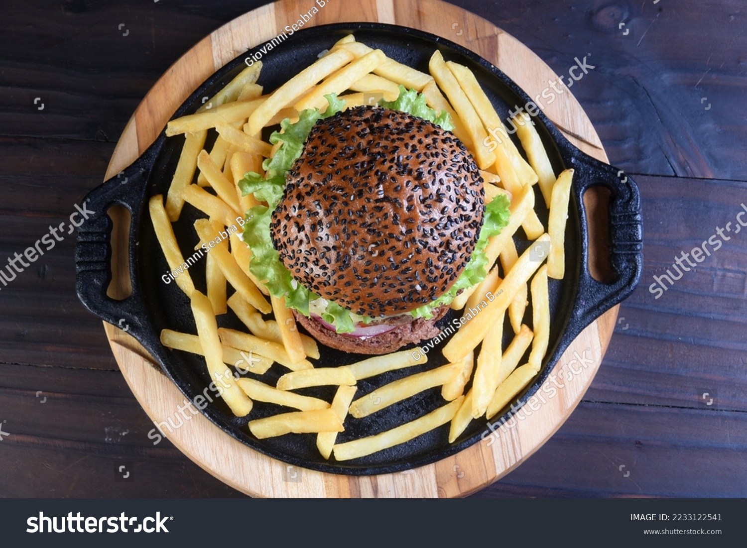 beef burger sandwich with french fries salad and cheese #2233122541