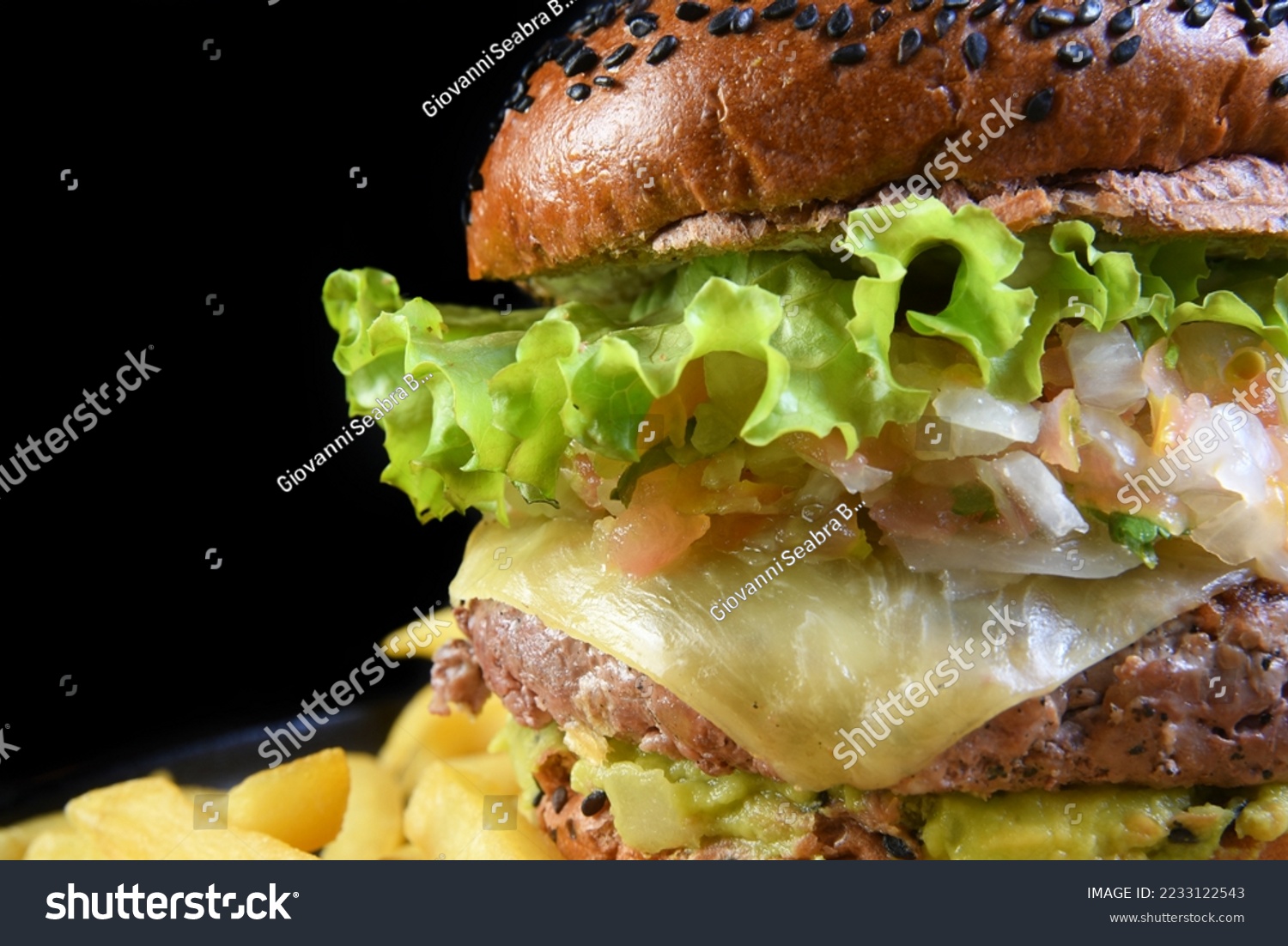 beef burger sandwich with french fries salad and cheese #2233122543