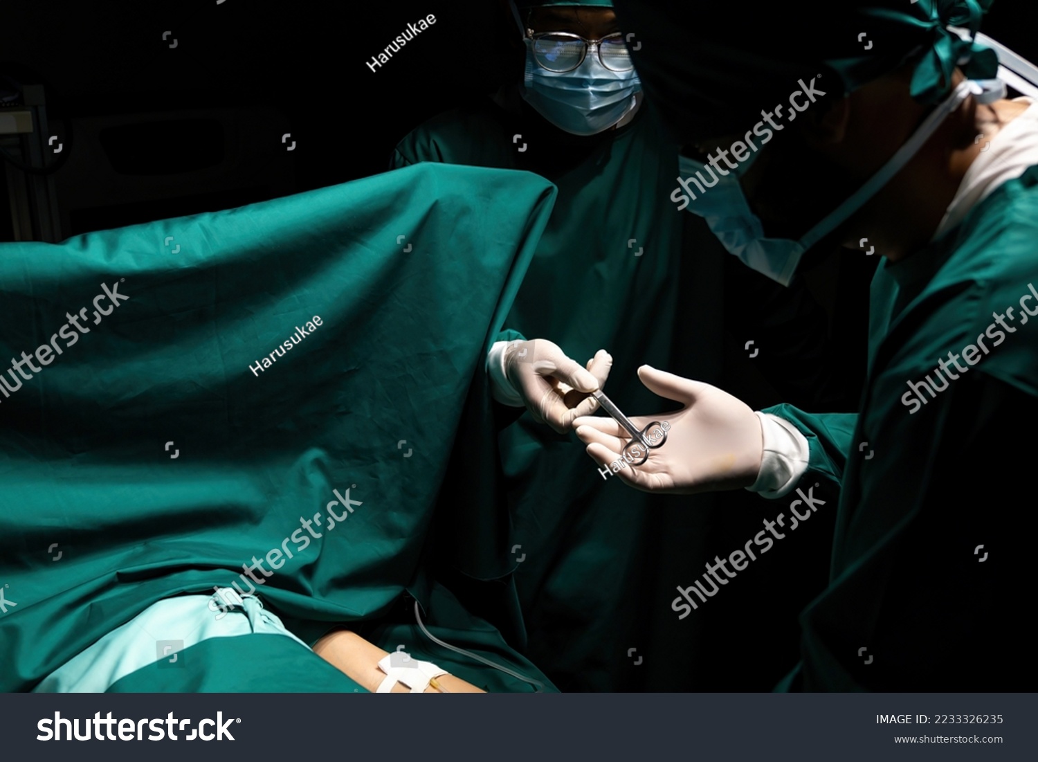 Asian doctors perform surgery A group of surgeons at work is busy with patients. Veterinary medicine or health care and hospital emergencies #2233326235