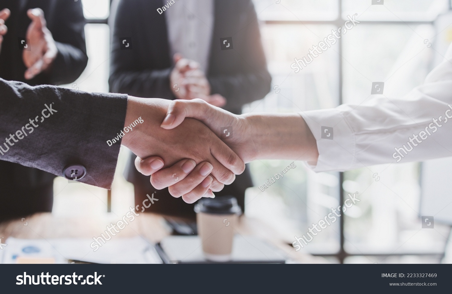 Business handshake for teamwork of business merger and acquisition,successful negotiate,hand shake,two businessman shake hand with partner to celebration partnership and business deal concept #2233327469