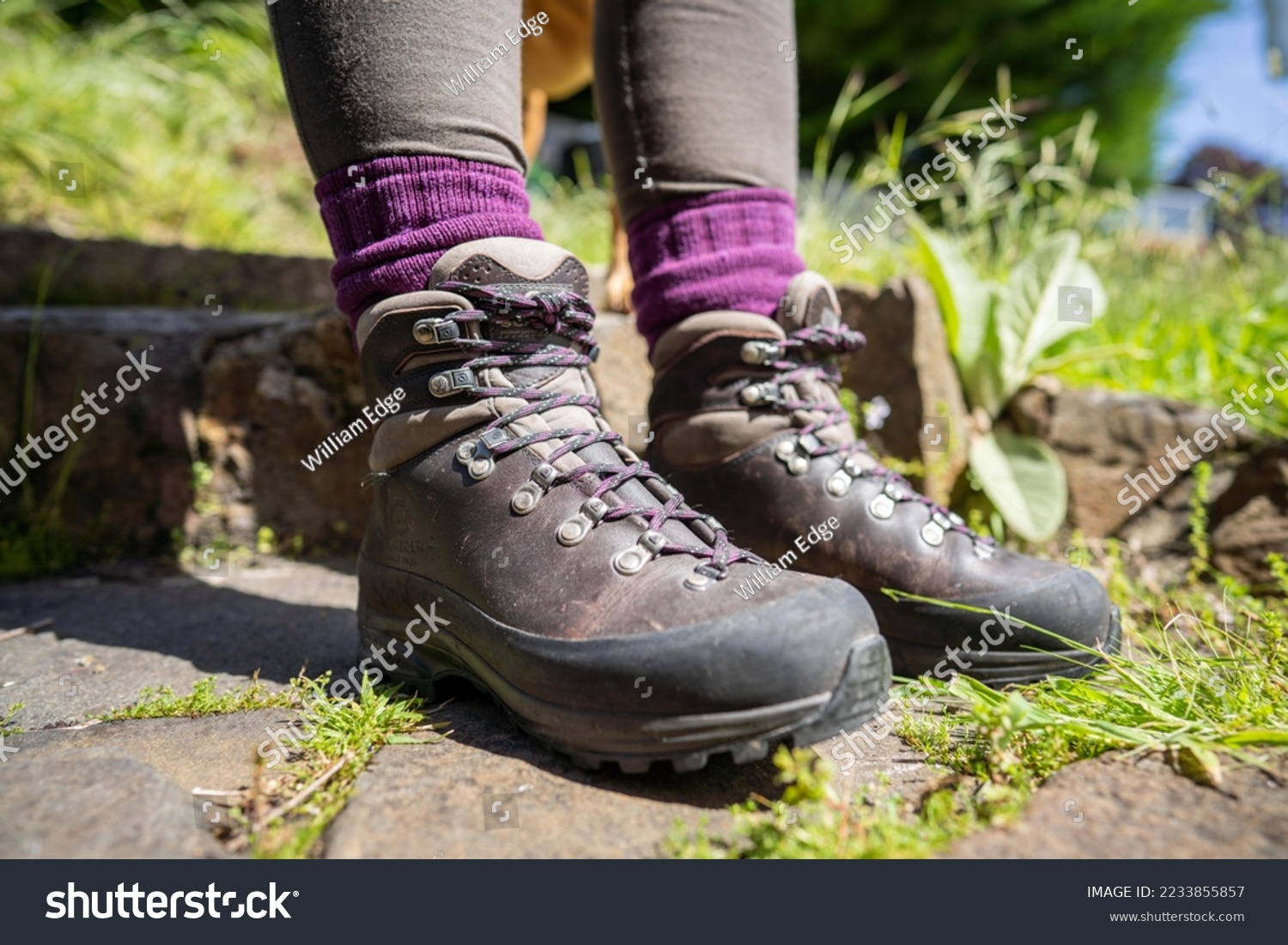 Tying shoelaces on hiking boots by a girl on a hike in spring #2233855857