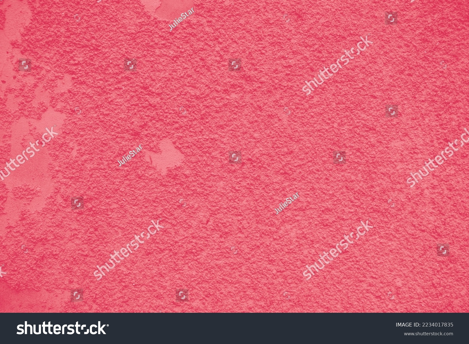 Background of peeling Magenta paint on an old wall. Texture background of an old wall made of plaster. Cracks. Copy space. Old peeling plaster wall, crumbles. Color Of The Year 2023 - Viva Magenta. #2234017835
