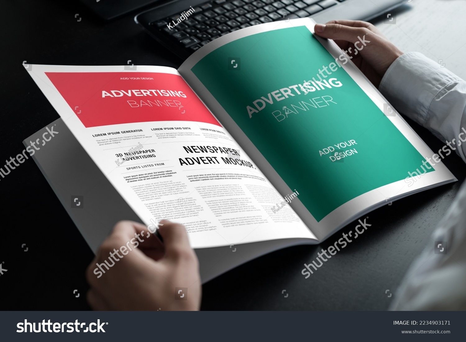 Advertising Banner on Magazine, Brochure Mockup With Hands #2234903171