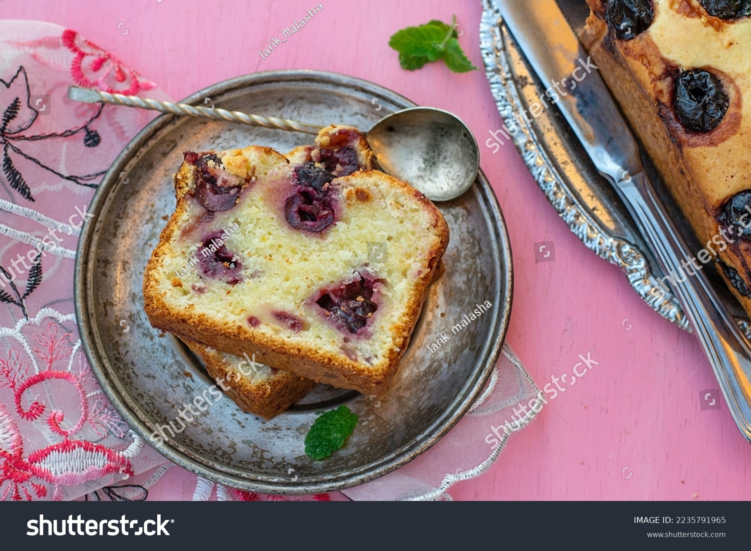 Sweet butter cake with cherries and mascarpone on pink background #2235791965