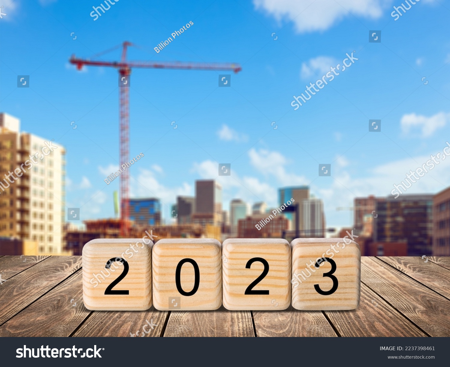 Set of wooden cubes blocks with 2023 on the desk #2237398461