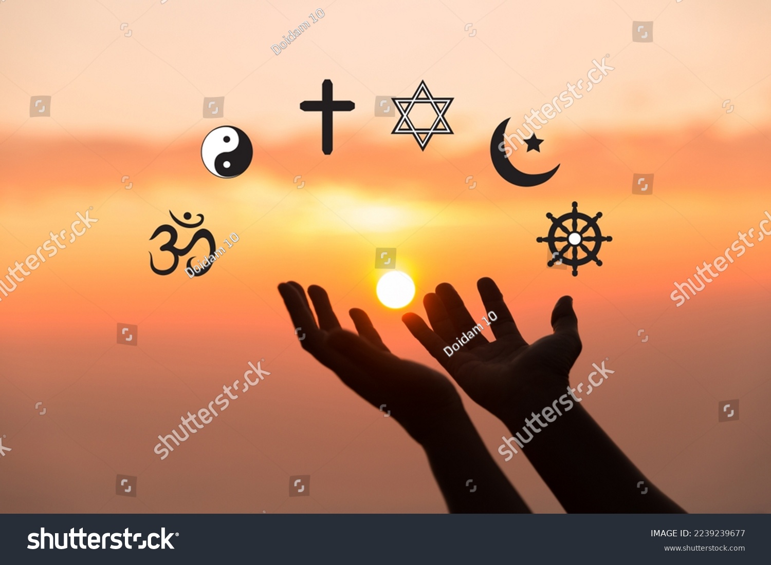 Religious symbols. Christianity cross, Islam crescent, Buddhism dharma wheel, Hinduism aum, Judaism David star, Taoism yin yang, world religion concept. Prophets of all religions bring peace to world. #2239239677