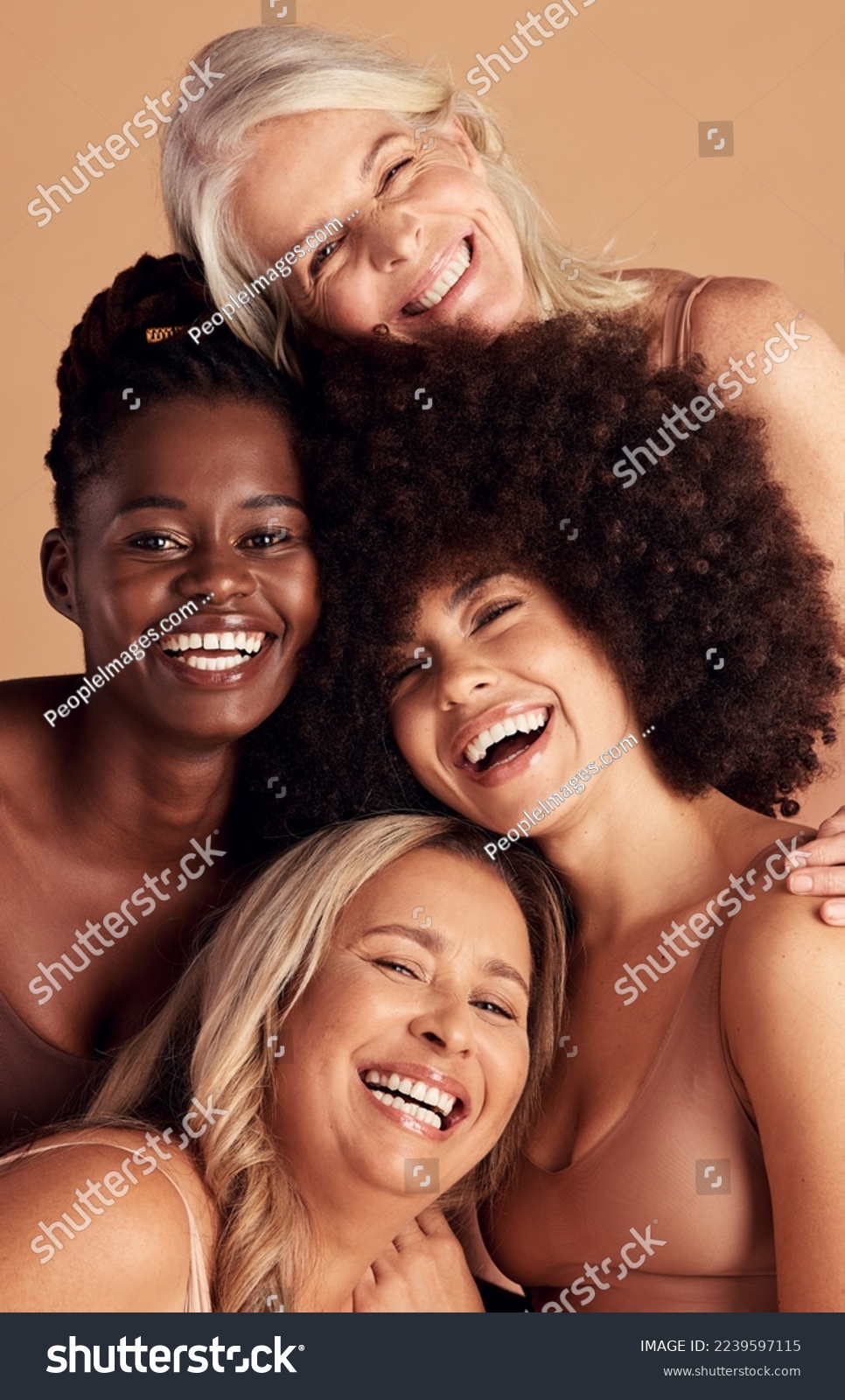 Diversity, beauty and natural with woman friends in studio on a beige background to promote skincare. Portrait, face and smile with a happy female and friend group indoors for luxury cosmetics #2239597115
