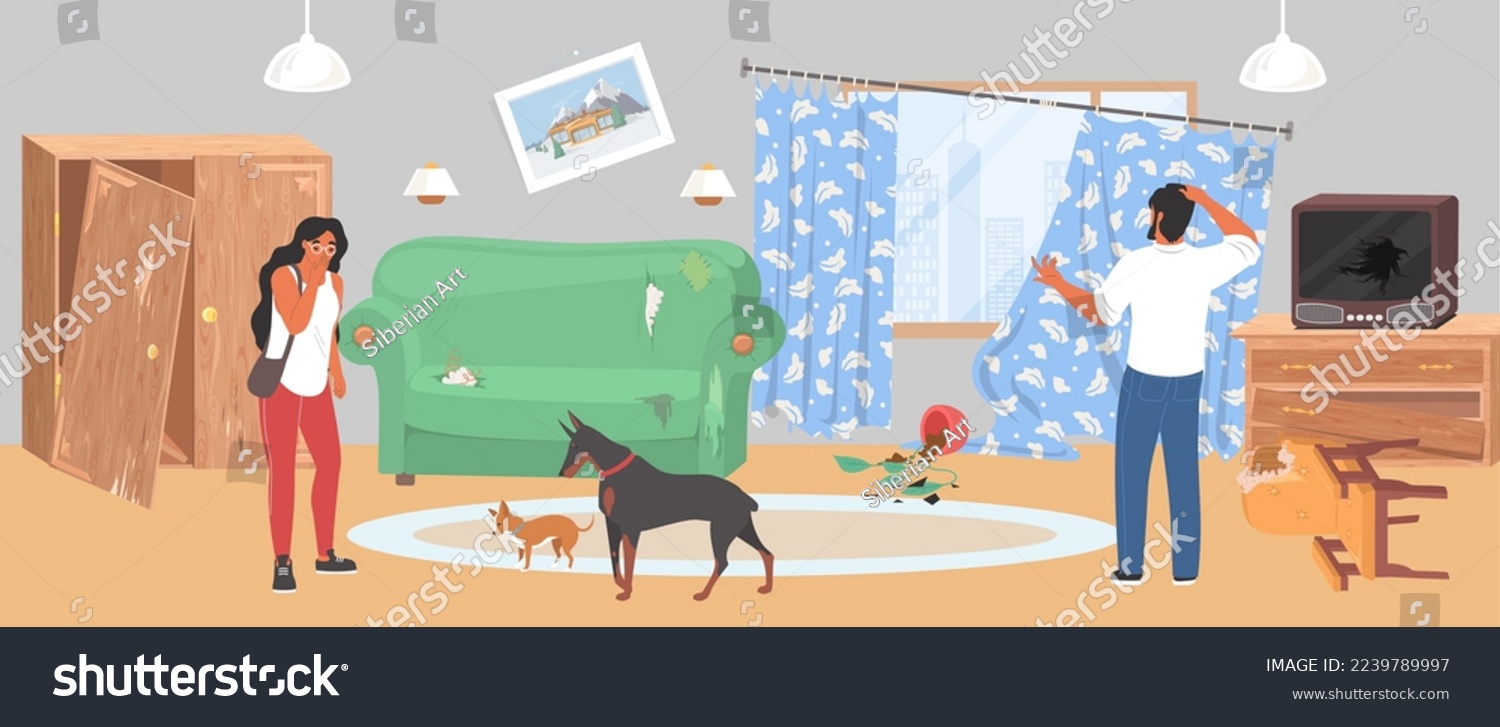 Bad dog and puppy behavior problem vector illustration. Naughty pet in dirty messy room with damaged furniture and frustrated upset man woman owner characters #2239789997
