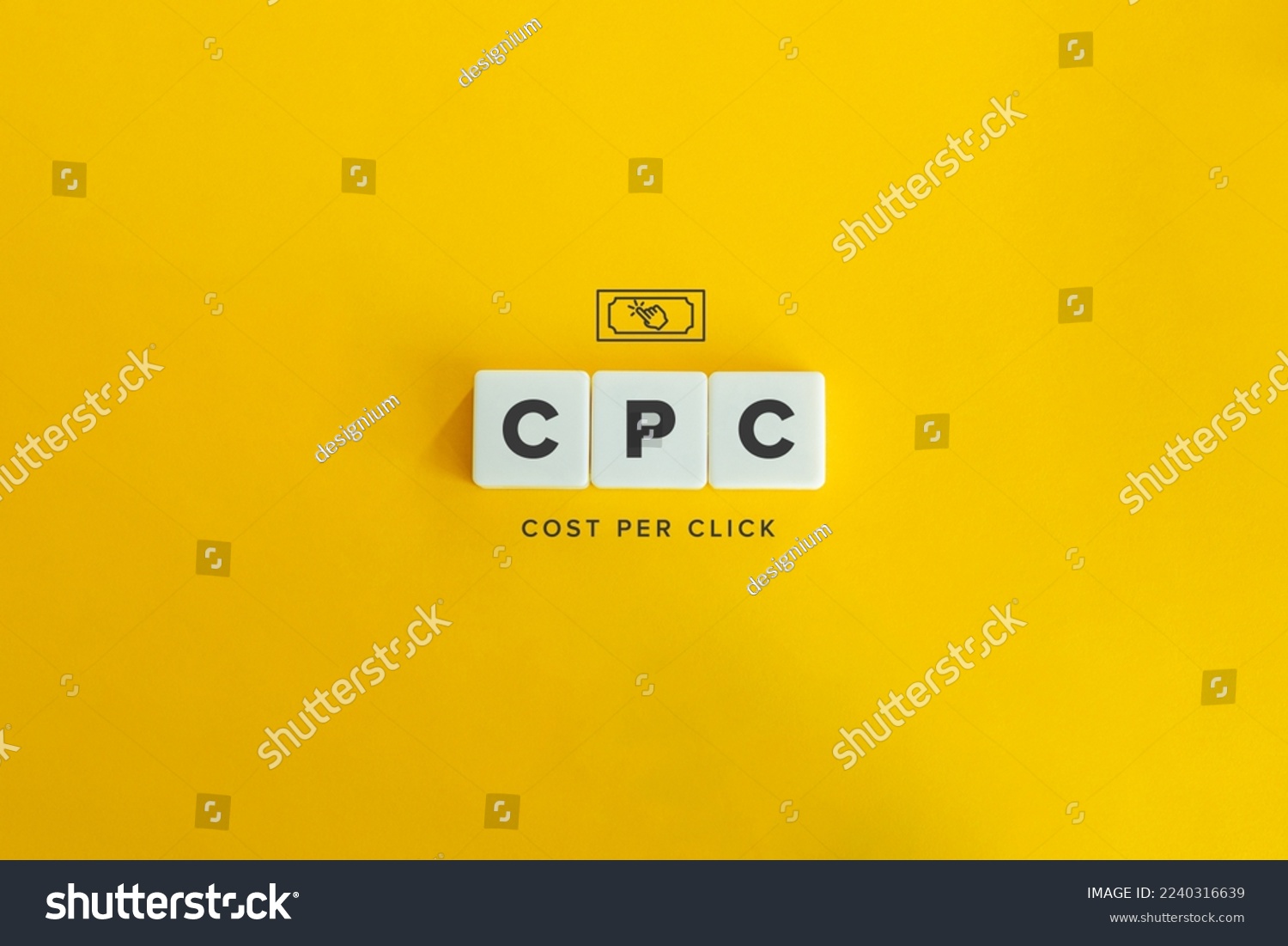 Cost Per Click (CPC) Banner and Icon. Block letters on yellow background. Minimal aesthetics. #2240316639