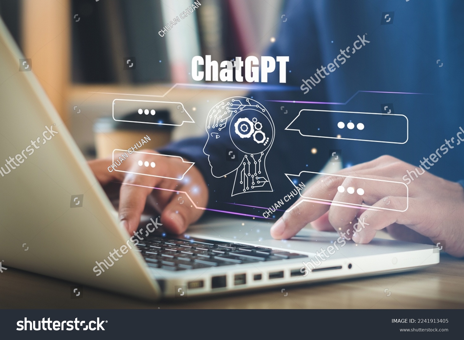 ChatGPT Chat with AI or Artificial Intelligence.  Young businessman chatting with a smart AI or artificial intelligence using an artificial intelligence chatbot developed by OpenAI. #2241913405