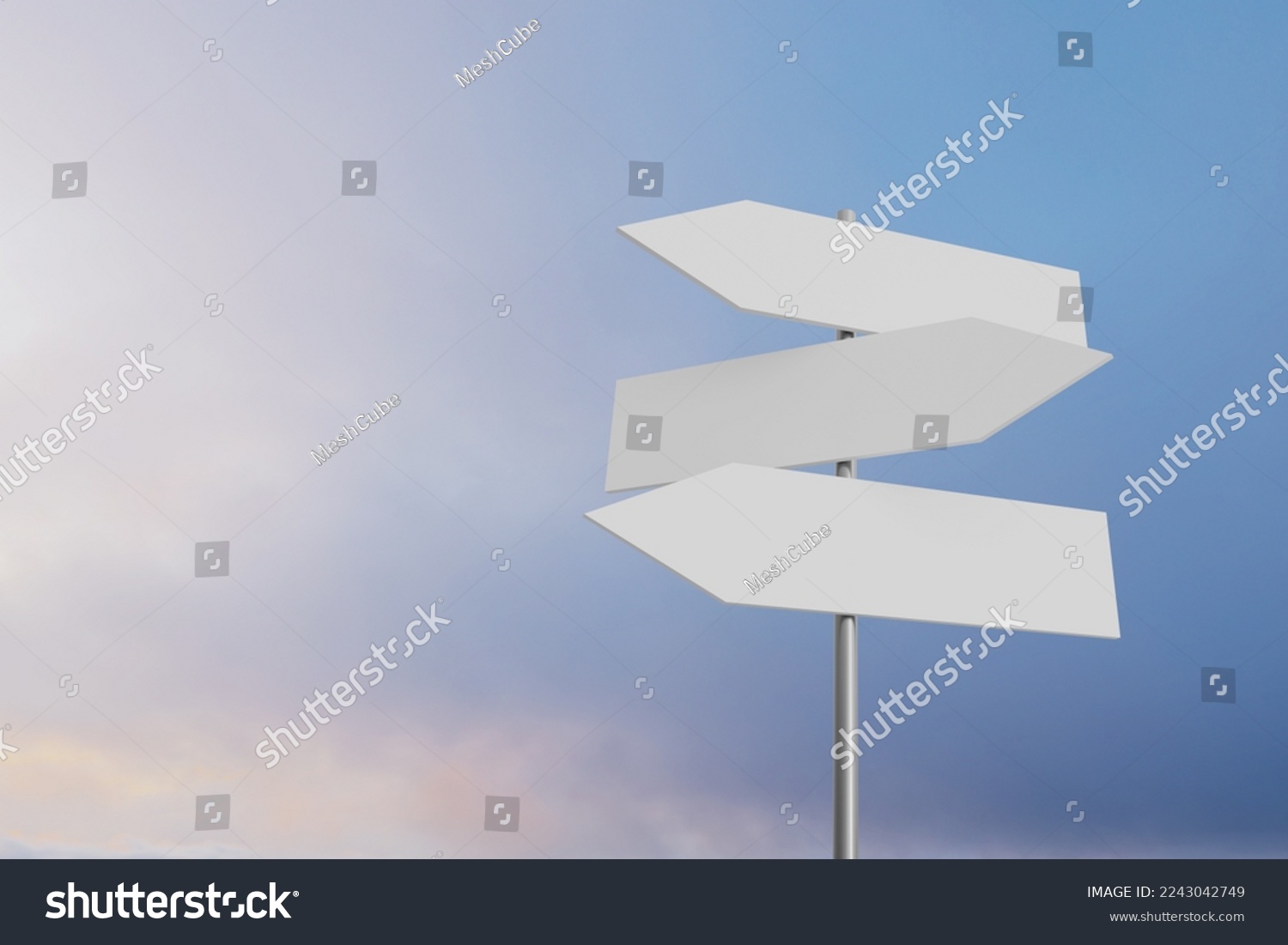 three blank direction sign board with sky backgronds mockup, 3d rendering  #2243042749