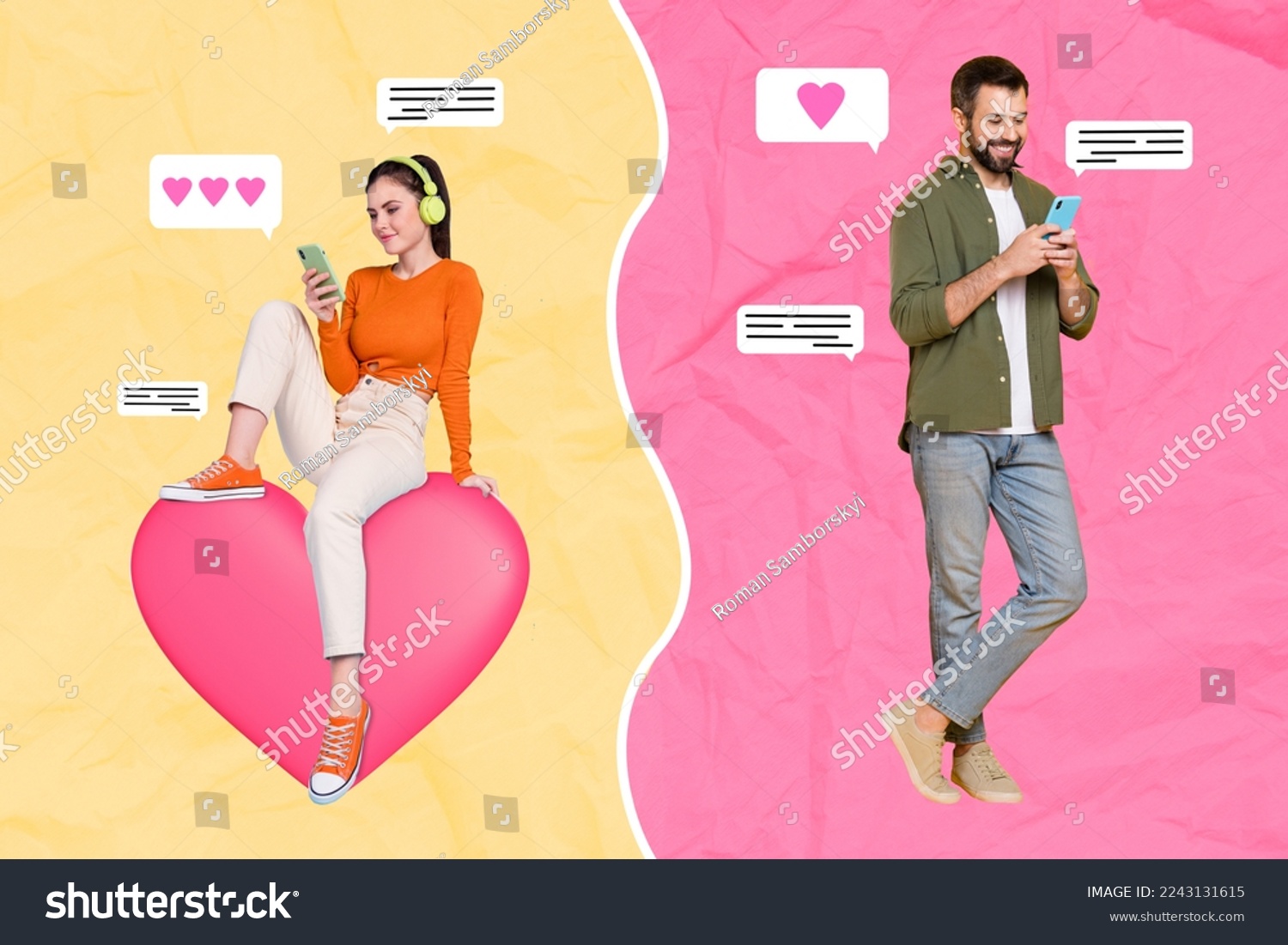 Artwork magazine collage picture of charming lady guy communicating modern devices isolated drawing background #2243131615