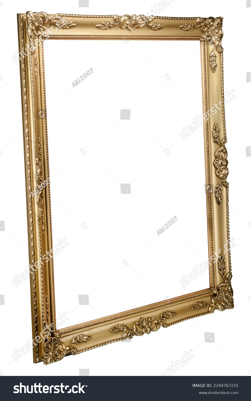Perspective view of Antique Golden Classic Old Vintage Wooden Rectangle canvas frame isolated on white. Blank and diverse subject moulding baguette. Design element for paint, mirror or photo #2244767231