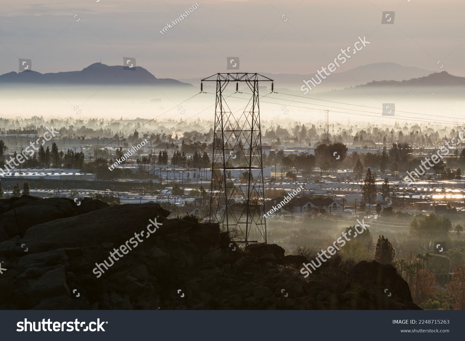 Electric power tower in the foggy Chatsworth neighborhood of Los Angeles California. #2248715263